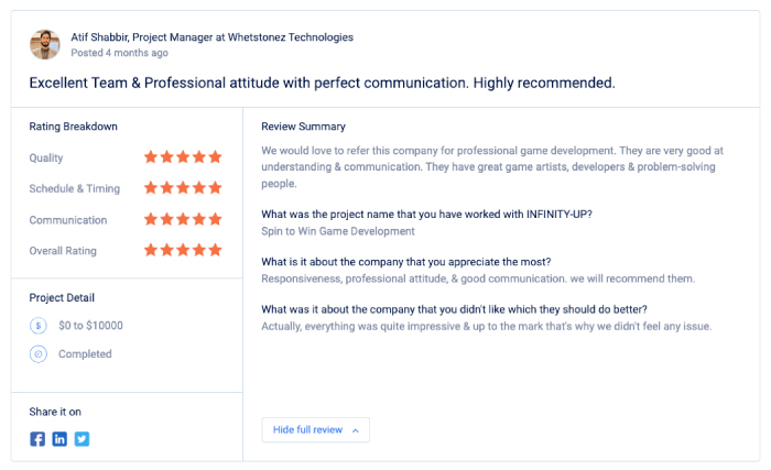 Atif Shabbir, Project Manager at Whetstonez Technologies said, "Excellent Team and Professional attitude with perfect communication. Highly recommended". INFINITY-UP has a very high review rating on all the independent third party review platforms that depicts the high quality services provided by the Game Studio with a proven track record that Empowered Gaming Industry.